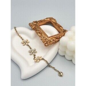 Women Cream & Gold Tone Rhinestone Crystal Flower Women Girl Bling Bracelet